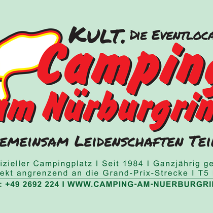 Ein farbenfrohes Werbebild für den Campingplatz am Nürburgring. Es zeigt Informationen über die Eventlocation und die Campingmöglichkeiten.