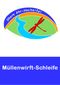 Logo van de Müllenwirft loop met een libel en een rivier op een groene achtergrond, omgeven door een blauwe en oranje boog.