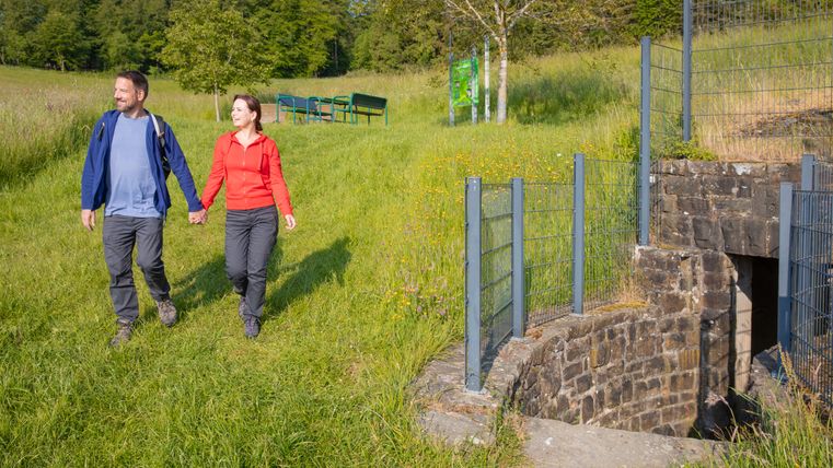 Un couple se promène main dans la main sur un sentier verdoyant près d'une source clôturée.