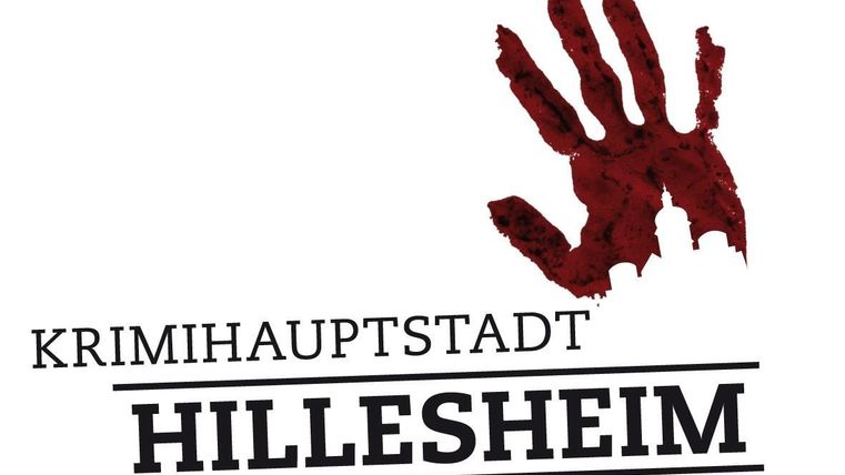The black-red logo of the crime capital Hillesheim with a black inscription "Krimihauptstadt Hillesheim" and a drawn bloody handprint.