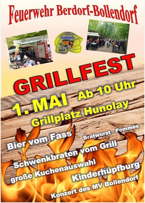 A poster for the barbecue festival of the Berdorf-Bollendorf fire department on May 1st. It provides information on food, drinks, and activities for children.