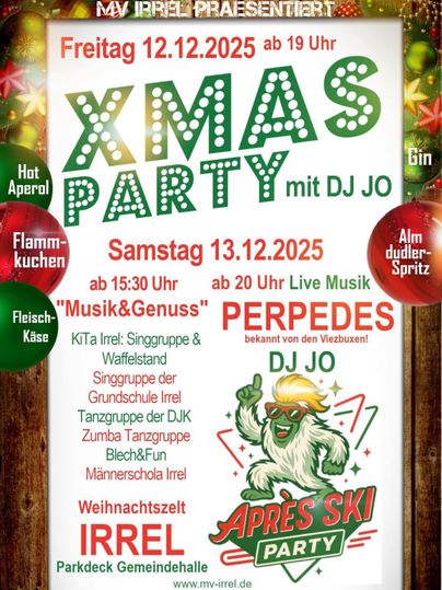 Een vrolijke kerstman met een drankje in de hand promoot een XMAS-PARTY. Het evenement vindt plaats op 6 december in Irrel en biedt glühwein en andere dranken.