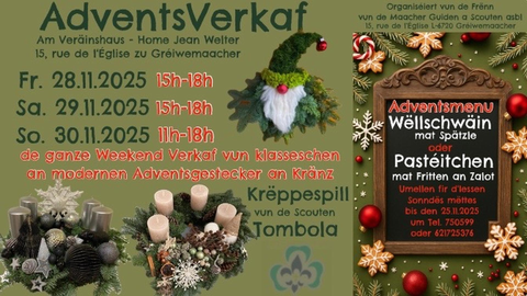 Adventlicher Verkauf mit Dekorationen und Angeboten. Das Ereignis findet am 28., 29. und 30. November 2025 statt.