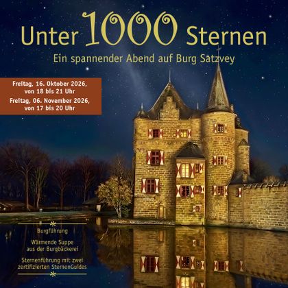 Een majestueus kasteel onder een heldere nachtelijke hemel, omgeven door water en bomen. De tekst kondigt een evenement aan met rondleidingen en sterrenhemelobservaties.