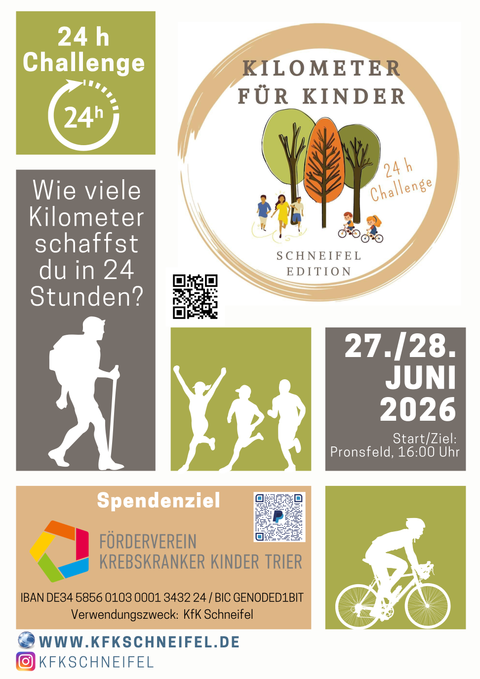 A display for the 24-hour challenge "Kilometers for Kids" in Schneifel. The event takes place on June 27/28, 2026, and supports children with cancer.