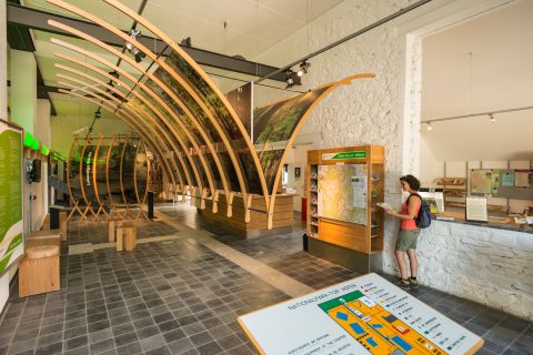 Menschen stehen im Gebäude des Nationalpark-Tors Höfen. Das Innere ist modern gestaltet, mit Holzbögen und Infotafeln. Es gibt viele Infos über die Natur