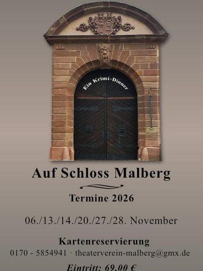Ein einziger Eingang zu einem beeindruckenden Schloss. Hinweis auf ein Krimidinner mit Terminangaben im November 2026.
