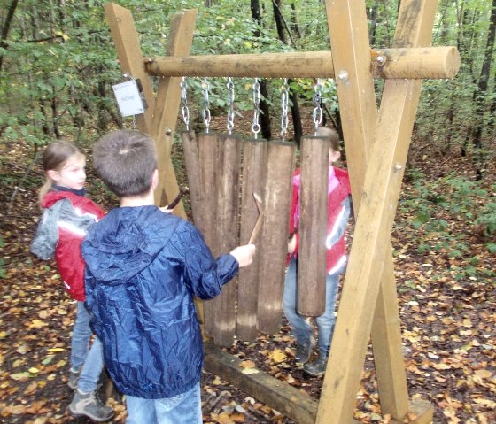 Kinder spielen an einer hölzernen Klangstation im Wald. Sie tragen Regenjacken und stehen auf einem mit Blättern bedeckten Boden., © Tourist-Information Bitburger Land