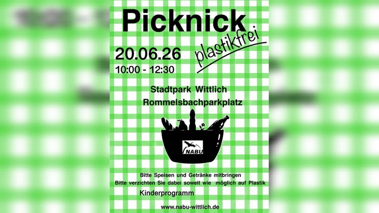 Ein Plakat für ein plastikfreies Picknick am 20. Juni 2026 im Stadtpark Wittlich. Es gibt ein Kinderprogramm und Informationen zu Speisen und Getränken.
