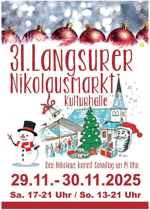 Ein festlicher Flyer für den 31. Langsur Nikolausmarkt an der Kulturhalle. Der Veranstaltungstermin ist vom 29. bis 30. November 2025.