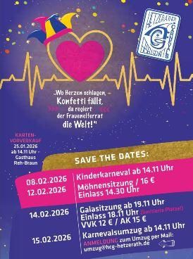 Une affiche colorée pour un événement de carnaval avec un grand cœur et des confettis colorés. Les dates des différents événements sont clairement affichées.