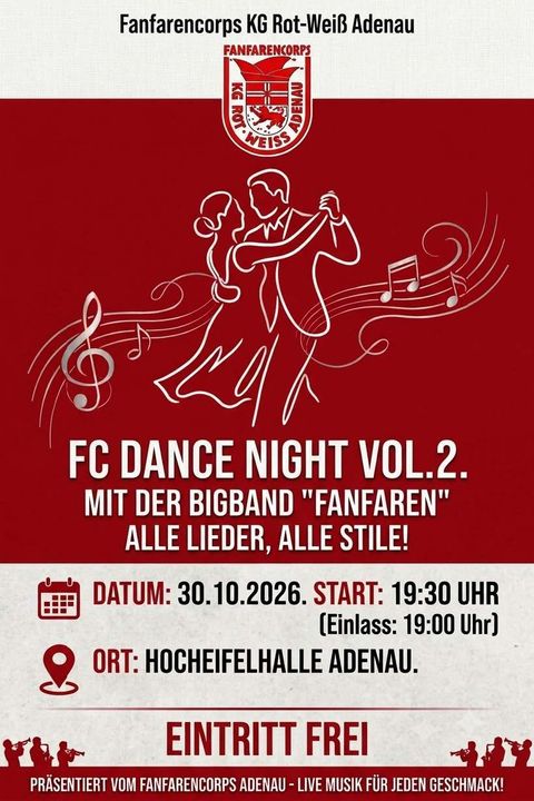 Un flyer pour la FC Dance Night Vol. 2 avec la big band "Fanfaren". L'événement aura lieu le 30 octobre 2026 dans la HochEifelhalle à Adenau.