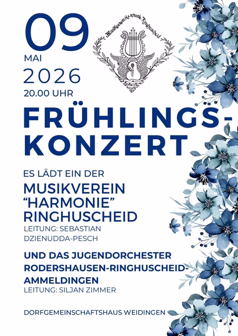 A poster for a spring concert featuring blue flower motifs. It displays the date, time, and information about the participating music clubs.