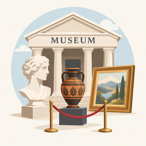 A museum with an ancient statue, an ornate vase, and a painting. The exhibits are protected by a red barrier tape.
