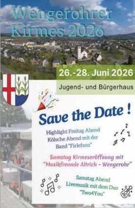 A poster for the Wengenrohrer Kirmes 2026 with information on dates and events. Visible are the name of the village, the date, and various program points.