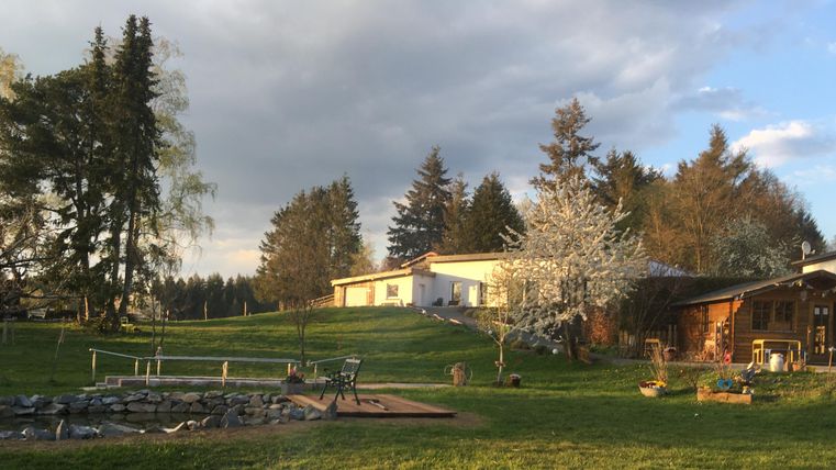 Eine ruhige Landschaft mit einem großen grünen Garten und mehreren Bäumen. Im Hintergrund sieht man ein Wohnhaus und ein kleines Holzgebäude.