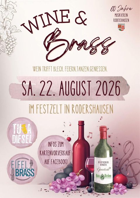 Ein Plakat für die Veranstaltung "Wine & Brass" in Rodershausen. Es zeigt Details zum Datum, Ort und bietet Informationen zum Kartenverkauf.