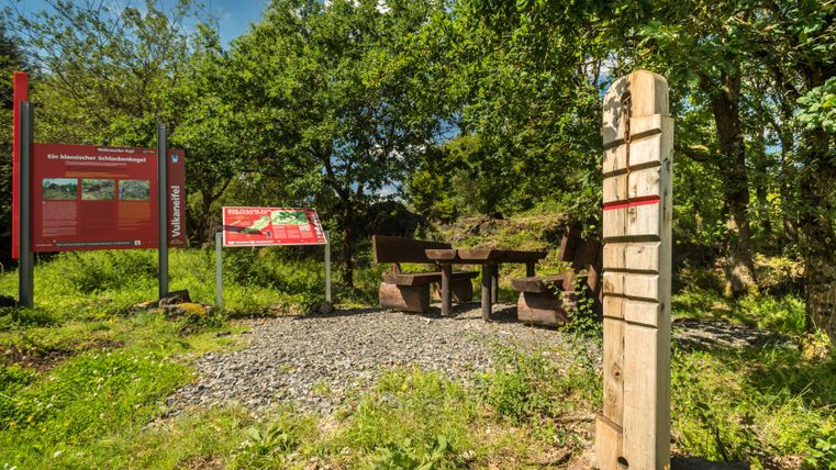 Een rustplaats met houten banken en informatieborden omgeven door groen en bomen.