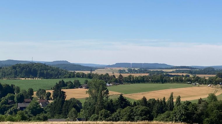 Een schilderachtig landschap met velden en bossen onder een heldere blauwe lucht. De zachte heuvels op de achtergrond geven de scène een rustige sfeer.