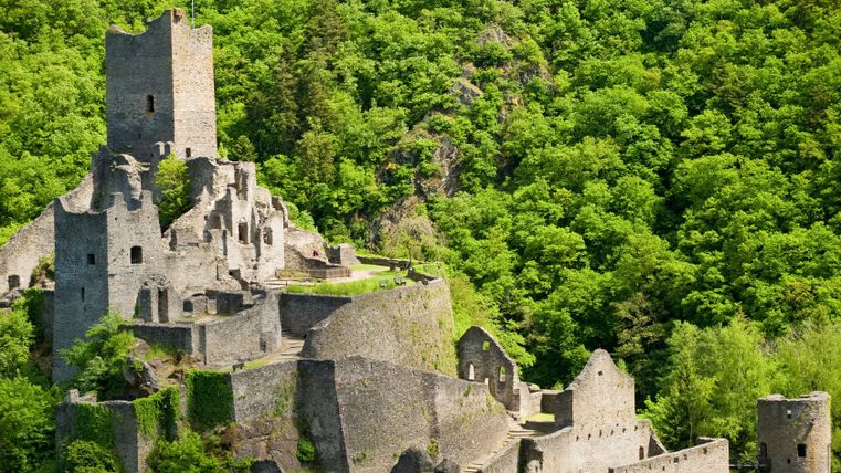 Ruïnes van Kasteel Manderscheid omringd door groene bomen.