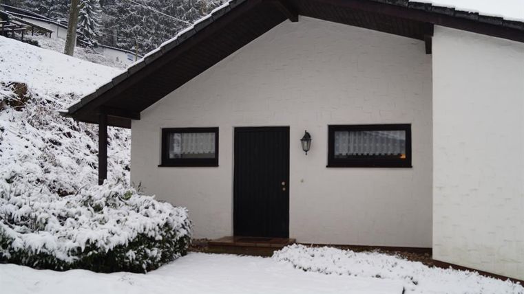 A small house in the snow with a black entrance and surrounding green bushes. The environment is wintry and serene.
