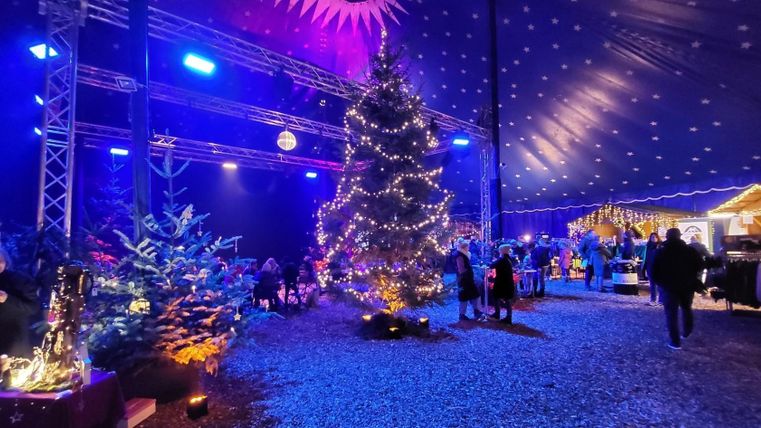 Ein festlich dekorierter Weihnachtsmarkt mit einem großen beleuchteten Weihnachtsbaum. Umgeben von zahlreichen kleinen Ständen und bunten Lichtern in einer stimmungsvollen Atmosphäre.
