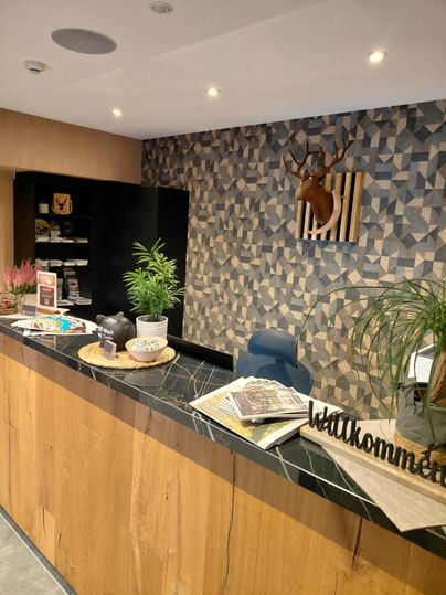 Un hall d'accueil moderne avec un comptoir en bois et des décorations élégantes. Sur le mur, des motifs géométriques et une tête d'animal sont accrochés.