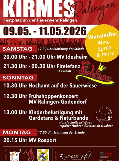 A colorful event flyer for the fair in Ralingen. The program showcases various activities and performances from May 9 to May 11, 2026.