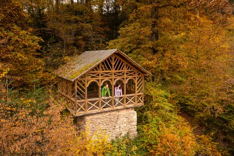 Zwei Personen stehen in einer hölzernen Hütte im Wald, umgeben von herbstlichen Bäumen.