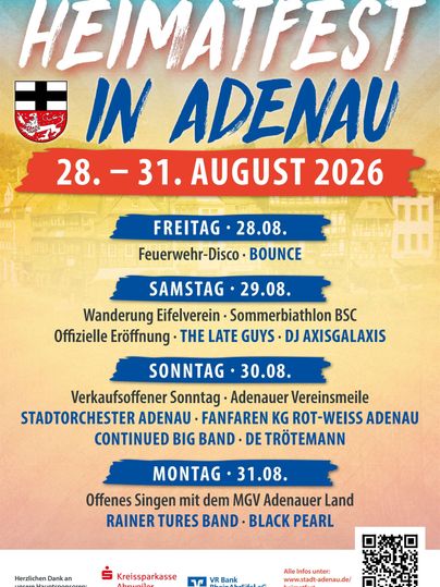 Ein Plakat für das Heimatfest in Adenau, das vom 28. bis 31. August 2026 stattfindet. Es zeigt die verschiedenen Veranstaltungen und Musikacts für die einzelnen Tage.