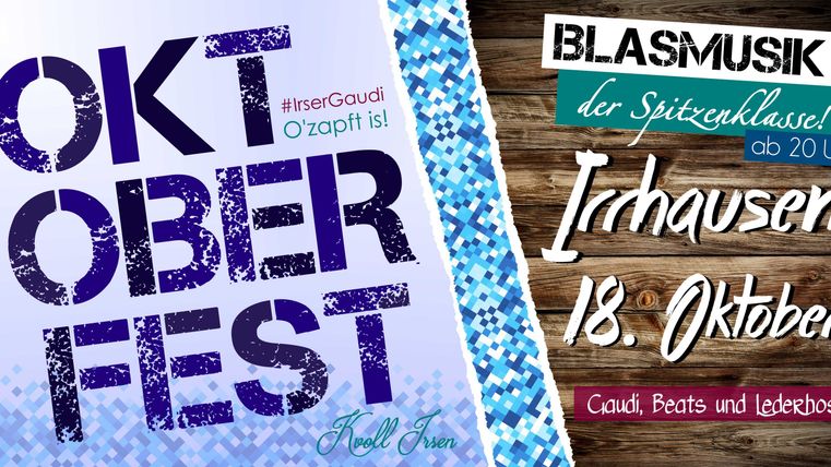 Een poster voor het Oktoberfest met informatie over een blaasmuziek evenementen in Irhausen. Het evenement vindt plaats op 18 oktober om 20.00 uur.