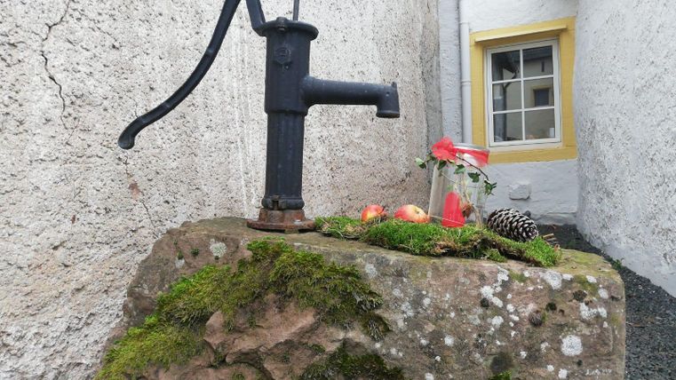 Une vieille pompe à eau est posée sur une pierre couverte de mousse. À côté, se trouvent quelques pommes et un cône de pin.