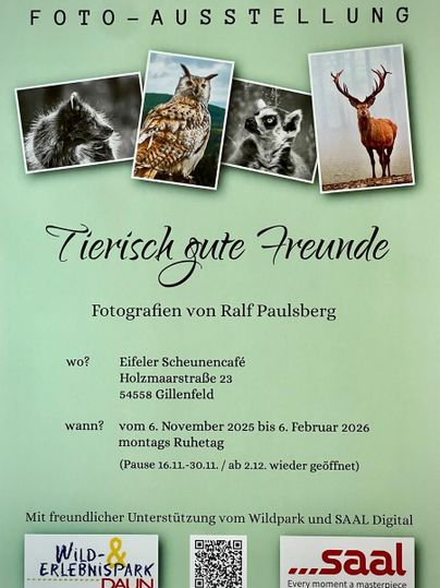Eine Ankündigung für eine Fotoausstellung mit dem Titel "Tierisch gute Freunde". Die Ausstellung zeigt Tierfotografien von Ralf Paulsberg und findet vom 6. November 2025 bis 6. Februar 2026 statt.