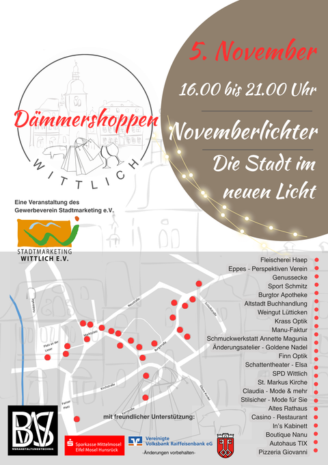 An event overview for the evening shopping in Wittlich in 2026. The map shows various events and locations with dates and a QR code for further information.
