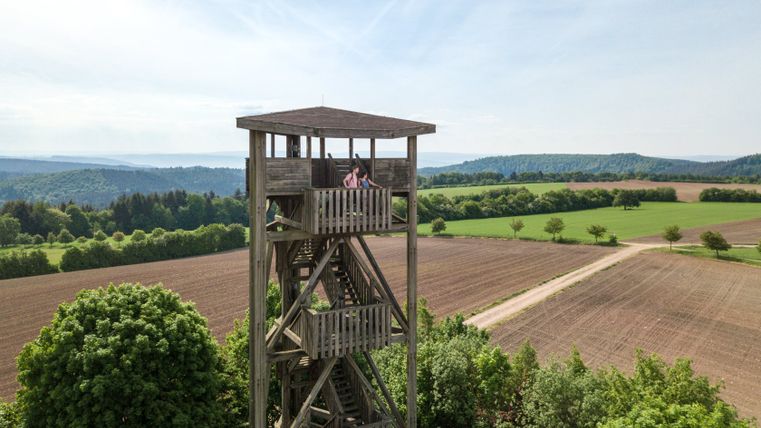 Tour d'observation en bois dans un paysage rural avec des champs et des forêts en arrière-plan.