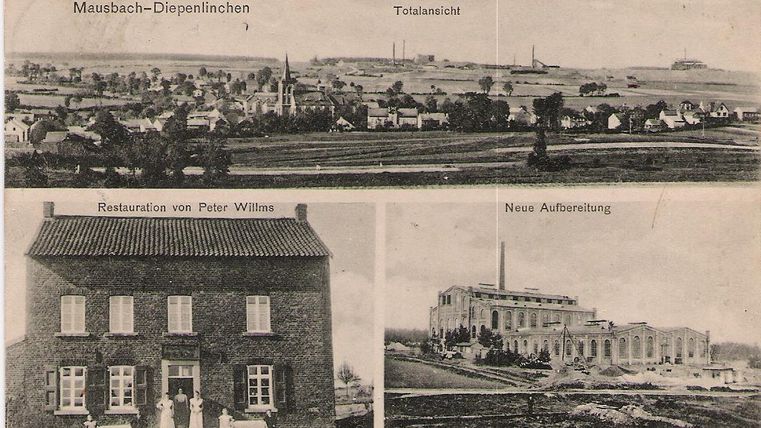 Une carte postale historique avec des vues de Mausbach-Diepenlinchen. En haut, il y a une vue d'ensemble de la ville, en bas à gauche le restaurant de Peter Wilms et en bas à droite une nouvelle présentation.