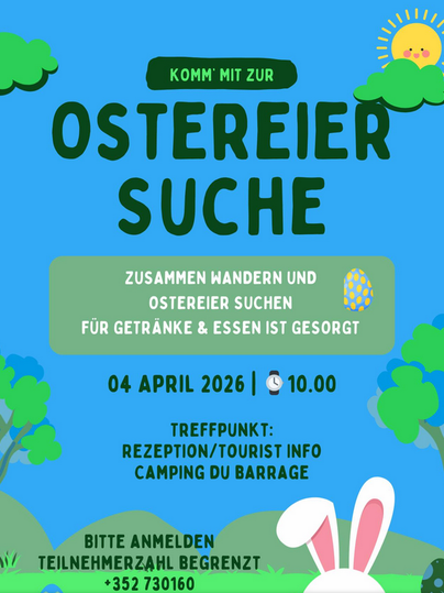 Een uitnodigend spandoek voor een buitenei-jacht. Het toont een vrolijke scène met een zon, een konijn en kleurrijke paaseieren.
