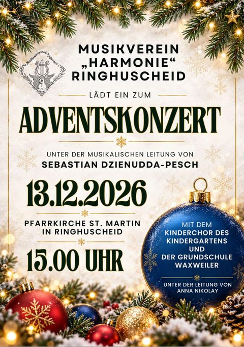 A poster for an advent concert of the music association "Harmonie" Ringhuscheid. The concert takes place on December 13, 2026, at 3:00 p.m. in the parish church of St. Martin in Ringhuscheid.