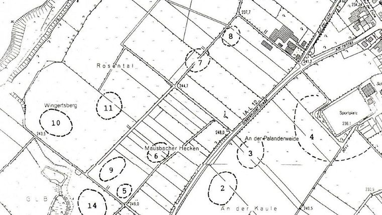 Een schematische weergave van een gebied met genummerde velden en straten. De kaart toont verschillende grondgebruiken en geografische kenmerken.