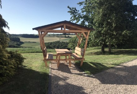 Sitzgelegenheit mit Ausblick vor dem Ferienhaus, © Feha Zum Mühlbachtal