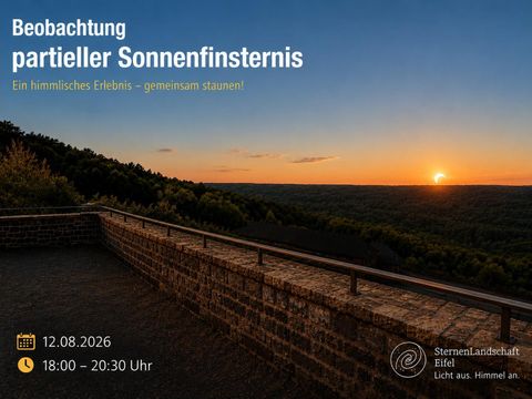Une belle vue sur un paysage au coucher du soleil, avec des couleurs chaudes et une atmosphère calme. Des informations sur une éclipse solaire partielle sont affichées.