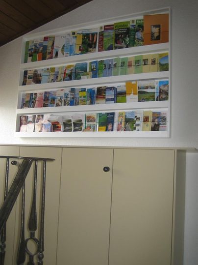 A wall with several shelves decorated with colorful brochures and photo prints. Below is a cabinet with neutral doors.