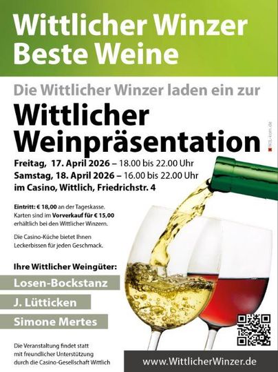 A poster for the wine presentation of the Wittlicher winemakers with details about the event. It features wine glasses and information about dates, prices, and participating winemakers.