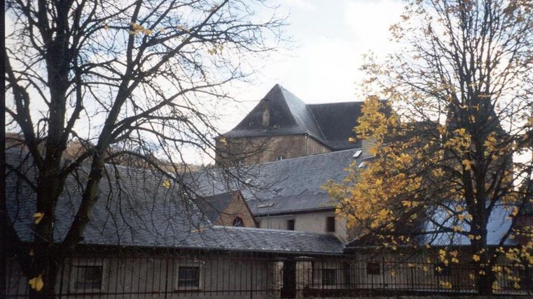 Le château de Lissingen à l'automne, entouré d'arbres dénudés et partiellement feuillus de jaune. Le bâtiment a un toit caractéristique.