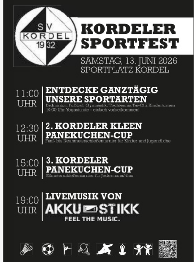 Ein Plakat für das Kordeler Sportfest mit verschiedenen Aktivitäten und Zeiten. Es zeigt sportliche Veranstaltungen und Livemusik am 13. Juni 2026.