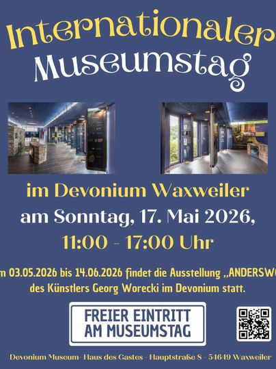 A poster for International Museum Day at the Devonium Waxweiler. It informs about the event on May 18, 2025, with free admission and guided tours.