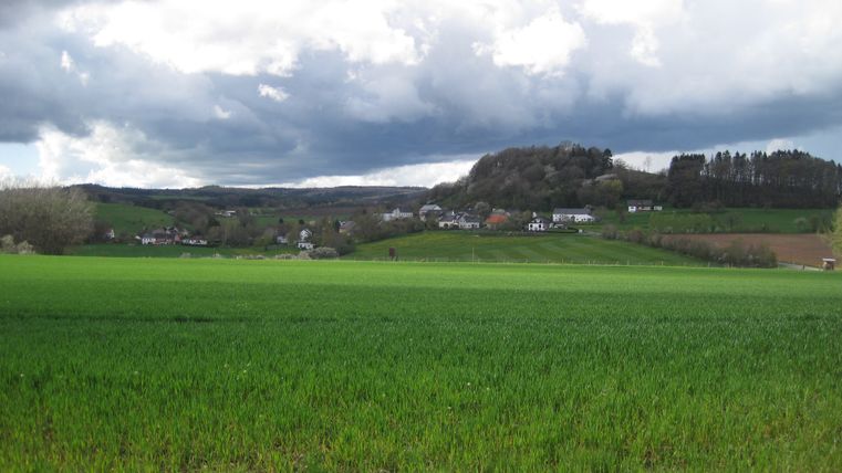 Grüne Wiesen mit Hügeln und Wolken am Himmel.