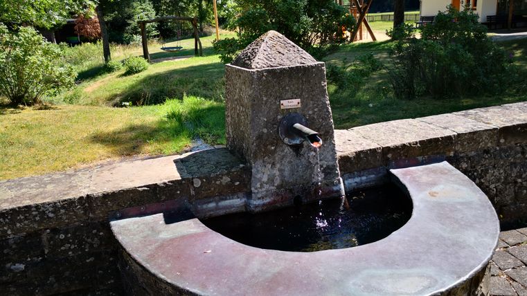 A fountain in the Dauen spa gardens with running water, surrounded by trees and a playground in the background.