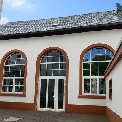 Un bâtiment moderne avec de grandes fenêtres en arc. La façade est blanche avec des accents orange.