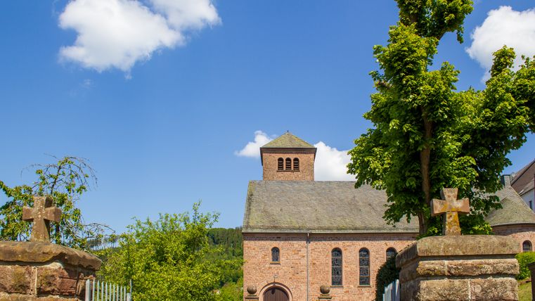 Kerk van St Maximin in Kyllburg met blauwe lucht en bomen.
